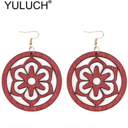 YULUCH Trendy Hollow Flower Pattern Dangle Earrings For Party 2019 Hollow Red Green Round Wood Hanging Earrings Fashion Jewelry