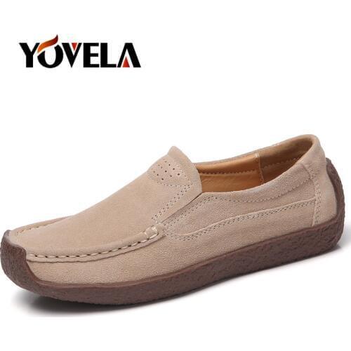 Women Flat Platform Leather Casual Shoes Ladies Suede Slip on Flats Oxfords Loafers Shoes Moccasins Comfortable Ladies Shoes