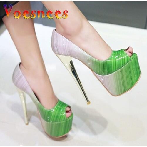 Voesnees 2021 New Womens Pumps Summer Gradient Color Platform High-Heels 16cm Sexy Fish Mouth Stiletto Women Shoes Size 34-43