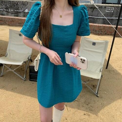 2021 Retro High Waist Summer Dress for Women Backless Party Dress Lace Up Square Neck Bubble Sleeve Dresses Women Fashion 15014