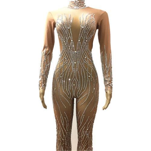 Glisten Silver Crystals Jumpsuit Sexy Evening Party Wear Full Rhinestones Bodysuit Costume Prom Birthday Celebrate Outfit