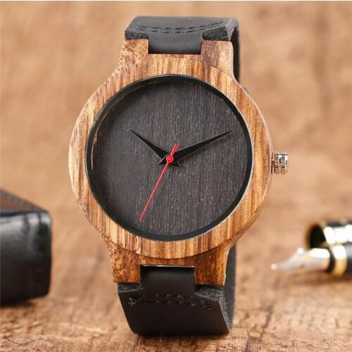 Top Mens Wooden Watches High Quality Black Handmade Natural Wood Bamboo Quartz-watch No Number Face Chic Second Hand Clock Male