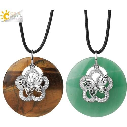 CSJA Natural Crystal Pendants Necklaces Healing Quartz Round Gem Stones Flower Butterfly CZ Zircon Beads Female Men Jewelry E834