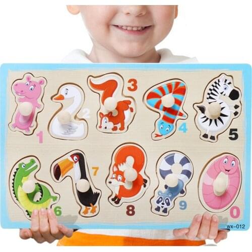 Baby Montessori Educational Toy 3d Puzzle Hand Grab Board Cartoon Animal Vehicle Digital Cognitive Board Wooden Puzzle Toys