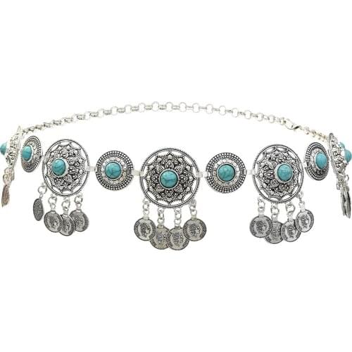 Hot Sale Summer Beach Carved Flower Tribe Gypsy Silver Plated Alloy Coin Tassel Waist Chain Bead Natural Turquoise Belly Chain