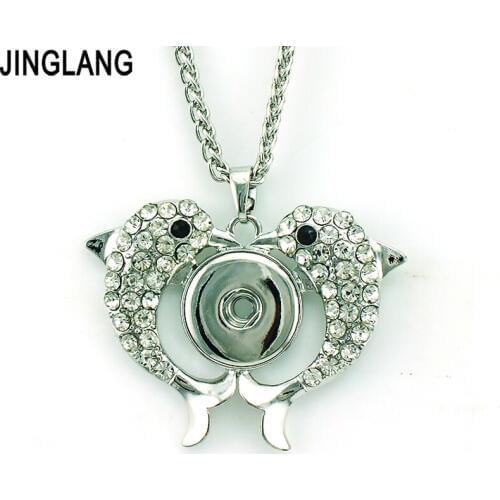 JINGLANG Fashion Rhinestone Double Dolphin 18mm Snap Buttons Charms Interchangeable Pendant Necklaces For Men Jewelry
