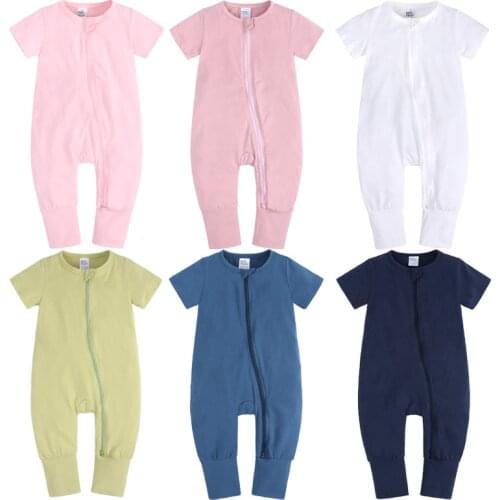 2021 Baby Girls Romper Cotton Short Sleeve Baby Rompers Summer Newborn Boy Solid Clothes zipper Infant Rompers 0-3Y