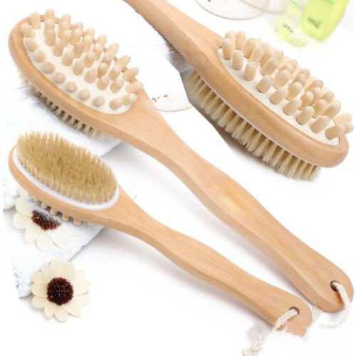 Skin Massage Wooden Brush Long Handle Scrubber Exfoliating Bath Shower Brushes Natural Bristle Mesh Back Dry Body Bath Brush