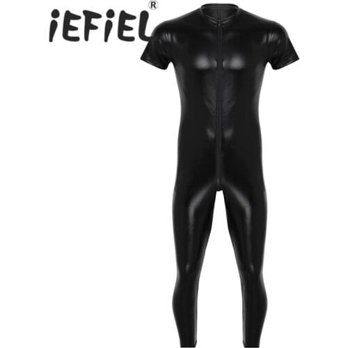 IEFiEL Black Faux Leather Mens Lingerie Stretchy Short Sleeves Zipper Crotch Full Body Leotard Jumpsuit Male Nightclub Bodysuit