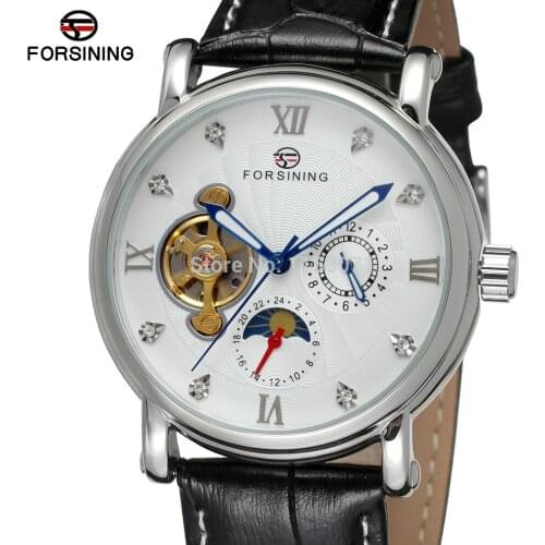 NEW ARRIVE! FORSINING FSG800M3S9 Moon phase Men automatic watch Silver color case &dial with stones black genuine leather