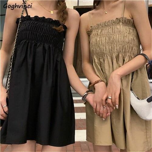 Sleeveless Dress Women Summer Spaghetti Strap Solid Pleated Mini Sexy Thin Harajuku Womens Vestidos Chic Slender A-line Elegant