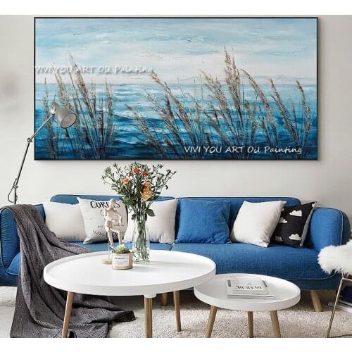 Beach Grass Hand Paint Blue Ocean Landscape 100% Handmade Modern Oil Painting Coastal Style Canvas Wall Art As A Gift