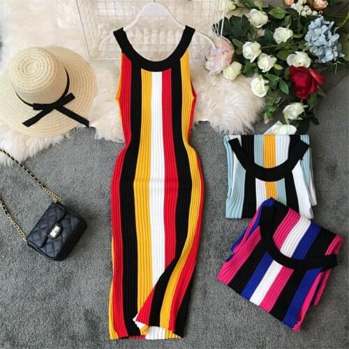 Beach Style Striped Women Pencil Dress Knitted Fashion Sleeveless O-Neck Elegant Ladies Dress Casual Bodycon Slim Midi Dresses