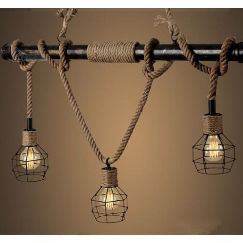 Pendant Lights American Rural Iron Water Pipe Rope Lamp RH Industry Loft Pendant Lamps for Home Lighting Decoration Dining Room