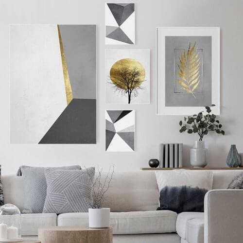 Modern Wall Art Grey White Gold Tree Leaf Canvas Painting Abstract Geometry Posters and Prints Pictures for Living Room Decor