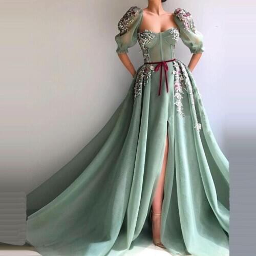 Tulle Mesh Prom Dresses Handmade Flowers Appliques Waist Belt Side Slit Sheer Half Sleeves Sweetheart Open Back Long Party Gowns