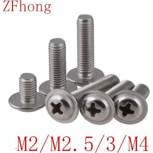 50PCS M2 M2.5 M3 M4 304 Stainless Steel Round Pan Phillips Cross Head Screws Bolt With Washer Pad Computer Machine Screws