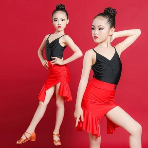 New Girls Latin Dance Skirt Ballroom Salsa Tango Skirts Kid Child Lace Latin Dance Split Dress With Leotard And Skirt DL6698