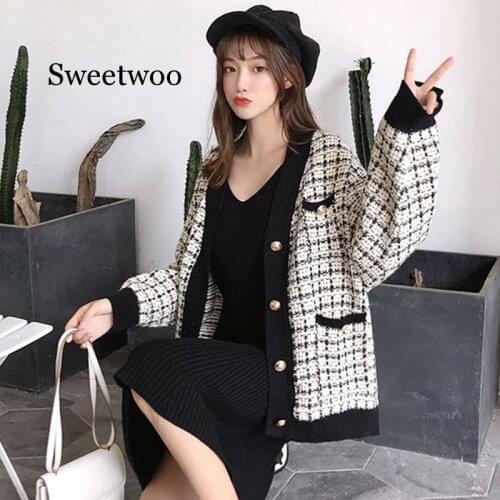 Women Cardigans Knitted Plaid Contrast Sweater V Neck Single Breasted Pockets Female Sweaters 2020 Autumn Casual Ladies Coats