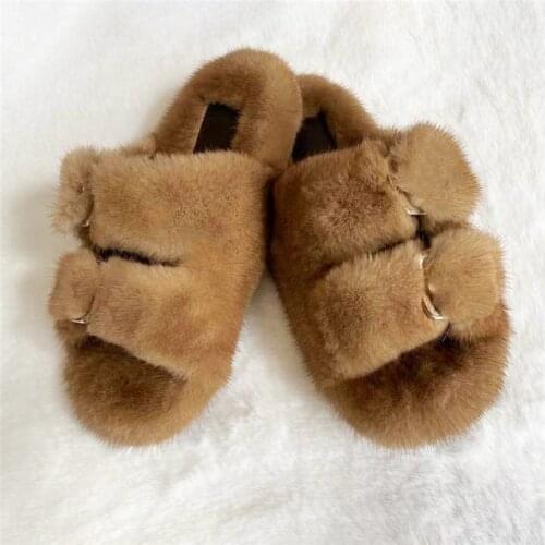 New Style Ladies 100% High Quality Mink Slippers Casual Flat Shoes Home Shoes Women Outdoor Slippers