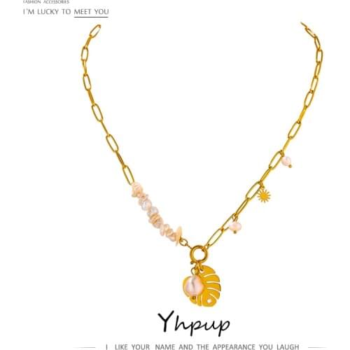Yhpup Elegant Natural Pearl Leaf Pendant Chain Necklace Trendy Stainless Steel Choker Plant Necklace collane donna Statement