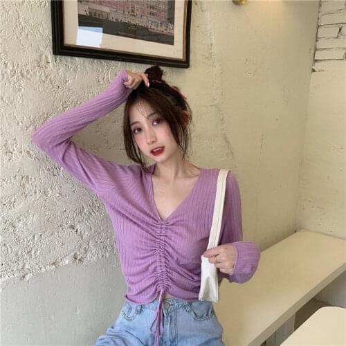 Woman Sweaters Pullover Autumn Winter Pullover Slim Fit Drawstring Skinny V-neck Top With Black Ide Femme Chandails