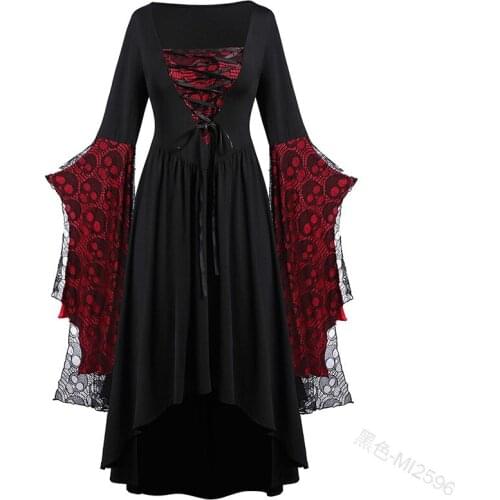 Gothic Cosplay Dress winter velvet flare sleeve Women Medieval Renaissance Gothic bandage Retro Long Dress