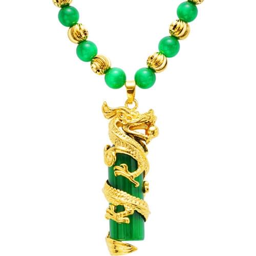 18k Yellow Gold Natural Cat Eye Stone Pendant Necklace For Women Luxury Opal Beaded Necklace Dragon Shape Pendant Fine Jewelry