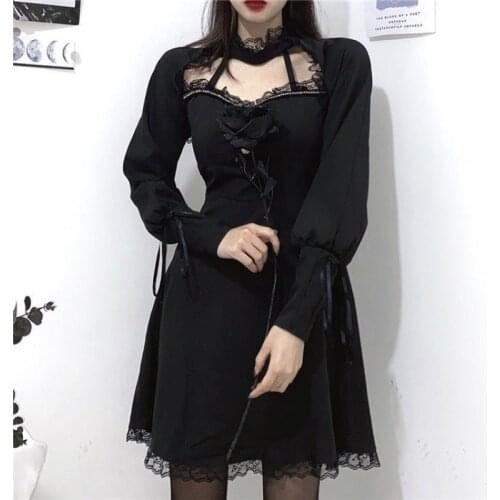 Plus Size 4xl Gothic Dresses Women Lace Patchwork Hollow Out Sexy Long Sleeve Dress Harajuku Vintage Diablo Clothes Outfit