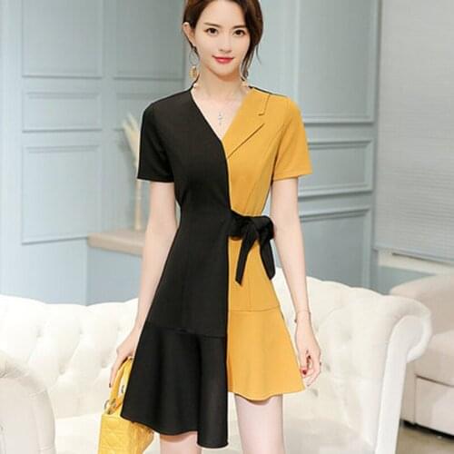 Spring Summer New Plus Size Women Casual Patchwork Dress V-Neck asymmetrical Design Fashion Slim Lady Dress Female Black Dress