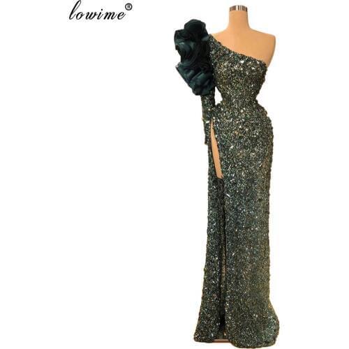 New Fashion Sparkly Celebrity Dresses Long Mermaid One Shoulder Prom Dresses Haute Couture Muslim Ladies Evening Dresses Party