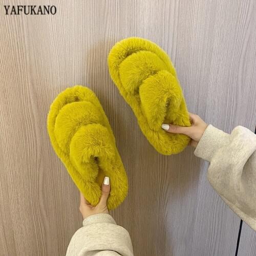 Winter Thick-Soled Home Furry Slippers Candy Colors Fashion Faux Fur Warm Shoes Female Bedroom Floor Slides Comfort Plush Flats