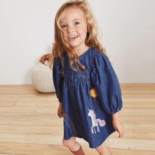 Frocks for Girls Autumn Toddler Clothes Denim Casual Cotton Vestiods Unicorn Rainbow Sunny Applique Jean Dress for Kids 2-7Years