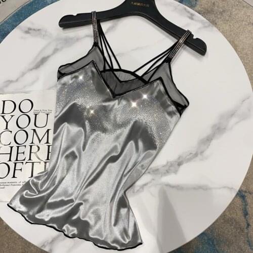 European Summer New Hot Drilling Shoulder Strap Mesh Stitching Small Sexy Mercerized Cotton Camisoles Women Tops Fashion 2021