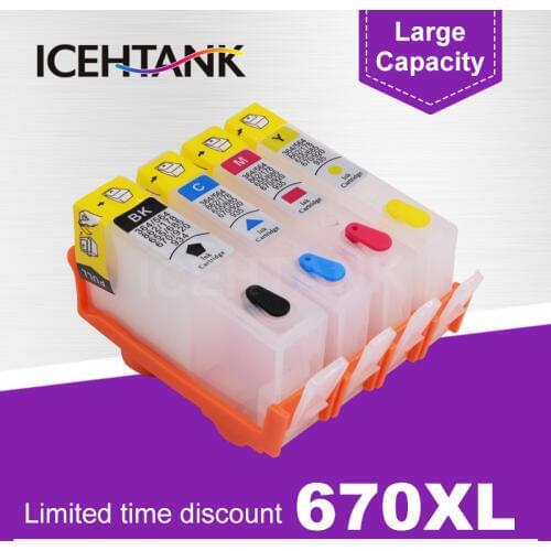 ICEHTANK Refillable Ink Cartridge For HP 670 670XL For HP Deskjet Ink Advantage 3525 4615 4625 5525 6520 6525 Printer