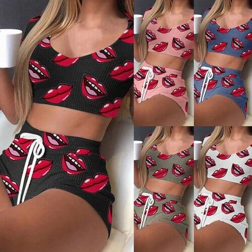 2021 Sexy Women Pajama Sets Short Sleeve Crop Top & Shorts 2Pcs Suit Female Spring Summer Pyjamas Femme Homewear