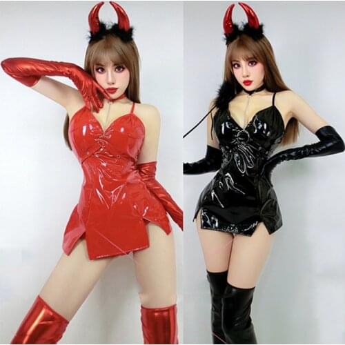 Nightclub Gogo Dancer Costume Halloween Devil Headwear Leather Dress Women Festival Clothing Bar Dj Ds Cosplay Costume DNV15156