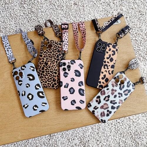 Fashion Leopard Crossbody Necklace Case For iPhone 12 Pro Max 11 ProMax XSMAX XR 7 8 Plus SE 2020 Lanyard Strap Soft IMD Cases