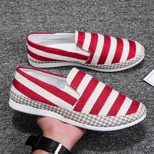 Hot Sale Red White Stripe Loafers Men Casual Breathable Flats Shoes Men Slip On Footwear Comfortable Linen Shoe mocasines hombre