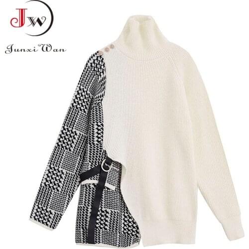 Autumn Winter Women Chic Knitted Sweater Retro Turtleneck Houndstooth Irregular Buckle Batwing Long Sleeve Tops Loose Pullover