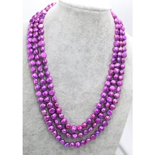 3rows deep purple freshwater pearl baroque 7-9mm necklace 18-20inch FPPJ wholesale beads nature red and green flower clasp