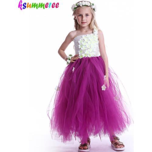2018 Girls Floral Princess Wedding Tutu Dress Summer Kids Plum Fairy Ankle Length Ball Gown Children Flowers Formal Party Dress
