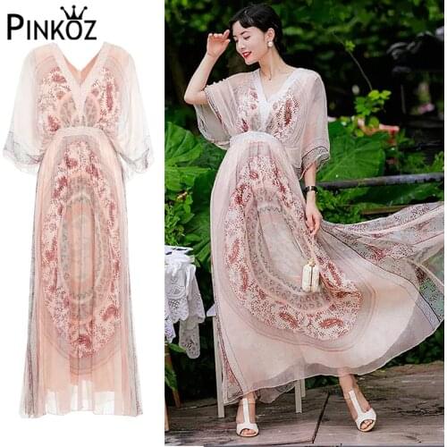Pinkoz Fashion retro printed dress loose big V-neck bat sleeve holiday dress socialite temperament female summer party dresses