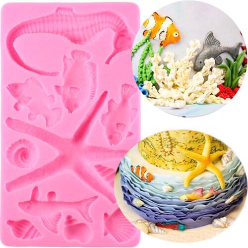 Sea Animals Silicone Molds Seahorse Starfish Conch Shell Fish Cake Border Fondant Cake Decorating Tools Candy Chocolate Moulds