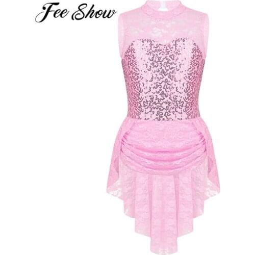 Kids Girls Cute Lace Sleeveless Floral Sequins Keyhole Back Figure Ice Skating Roller Skating Ballet Dance Leotard Dress