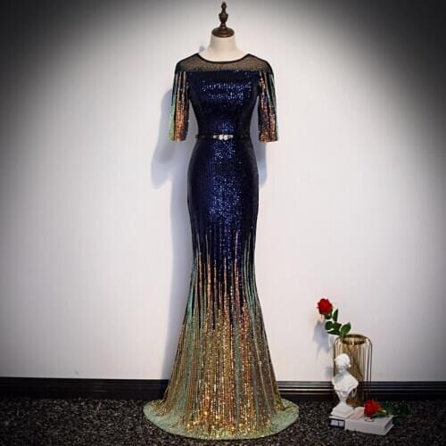 Sequins Evening Dress O-Neck A-line Floor-length Lace Trumpet Empire Half Sleeves Plus size Party Formal Dresses Woman R1413