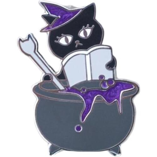 Witch cat pin funny reading book brooch magic potion cauldron badge literary wizardry jewelry cute decor