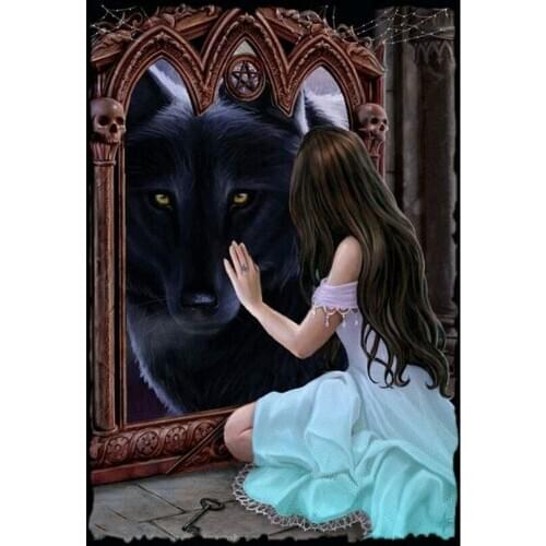 Mirror beauty & wolf Diamond Embroidery DIY Diamond Painting Cross Stitch Kit 5D Needlework Diamond Mosaic Home Decoration AS487