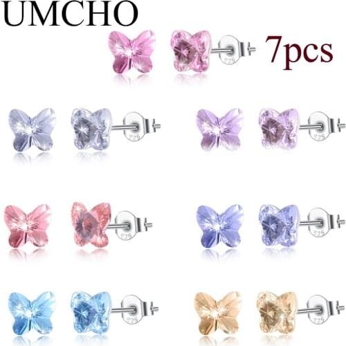 UMCHO 7PCS Butterfly Solid 925 Sterling Silver Created Crystal Stud Earrings for Women Girl Party Wedding Daily Jewelry Gift