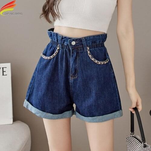Womens Shorts 2021 New Fashionable High Elastic Waist Wide Leg Loose Denim Shorts With Chain Street Wear Crimping Jeans Short